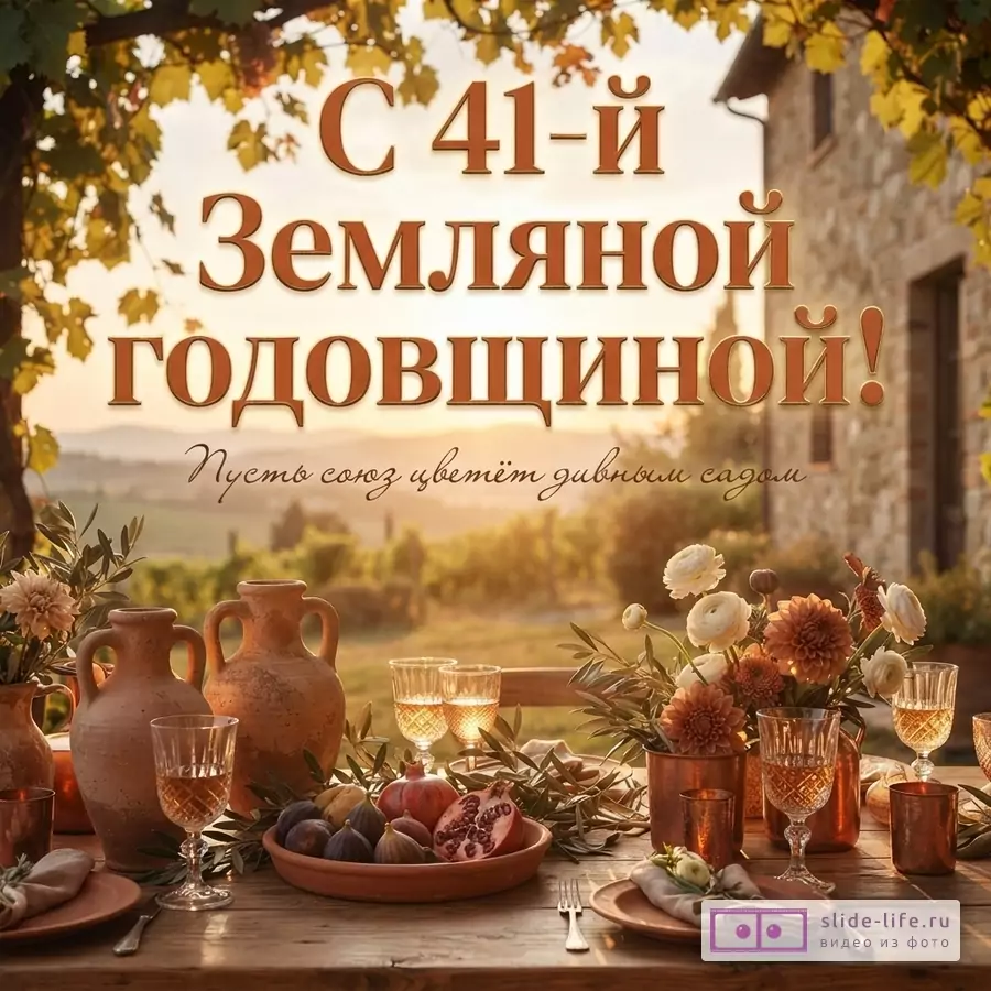 Открытка с надписью «С 41-й Земляной годовщиной! Пусть союз цветёт дивным садом.» на фоне осеннего пейзажа с домом, виноградником и накрытым столом с фруктами и цветами.