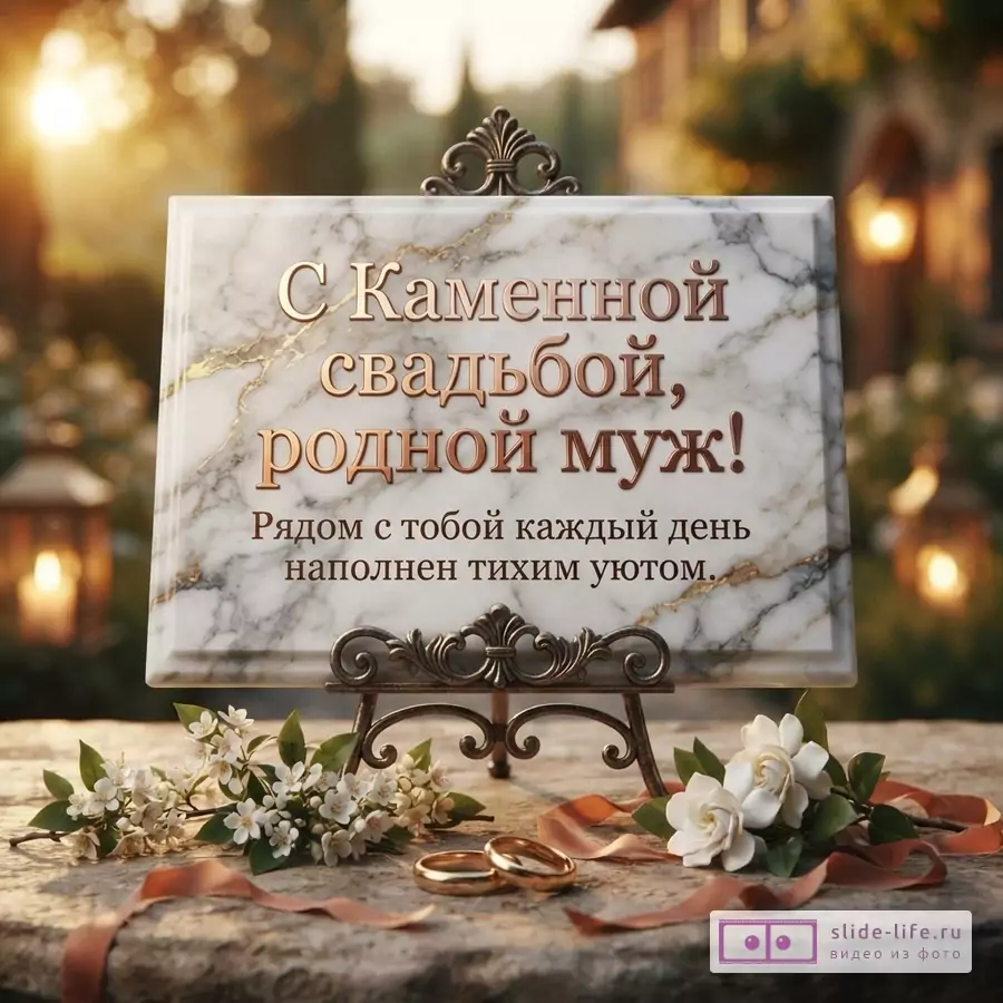 Мраморная табличка на мольберте с текстом «С Каменной свадьбой, родной муж! Рядом с тобой каждый день наполнен тихим уютом.». На переднем плане цветы, ленты и два золотых кольца. Фон размытый, с солнечными бликами.