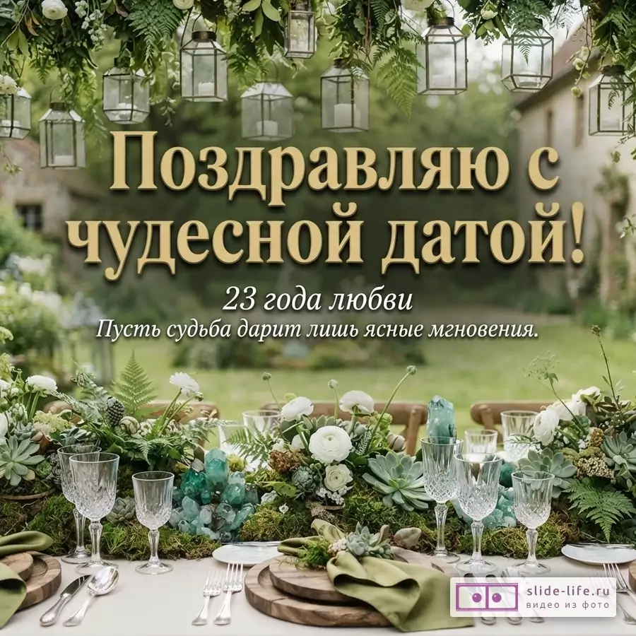 Праздничный стол на природе с зелеными кристаллами, цветами, бокалами и фонариками, надпись «Поздравляю с датой в 23 года! Пусть судьба дарит лишь ясные мгновения».