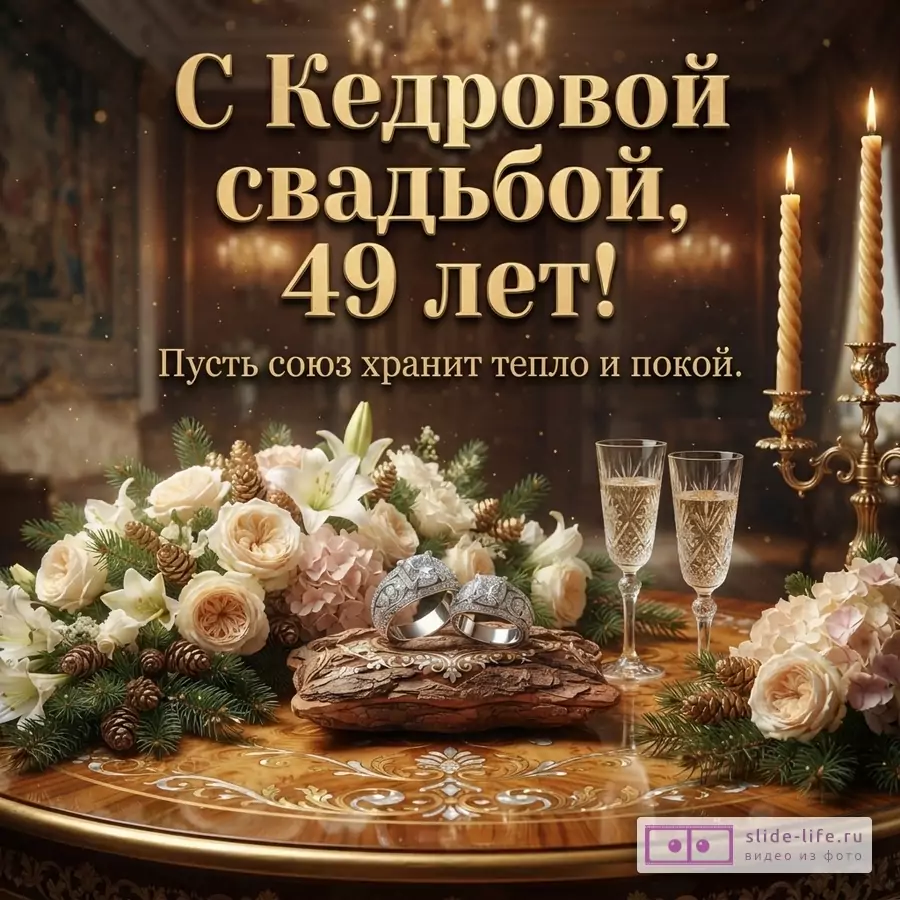 Открытка с Кедровой свадьбой, 49 лет, на фоне интерьера с люстрой, свечами, цветами, обручальными кольцами и бокалами шампанского. Текст: «С Кедровой свадьбой, 49 лет! Пусть союз хранит тепло и покой.»