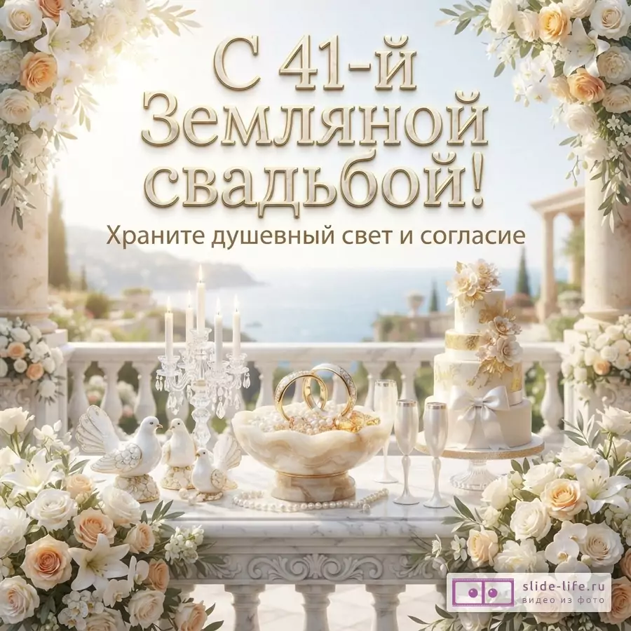 Открытка с бежевым фоном, украшенная цветами и свадебным столом. Текст: «С 41-й Земляной свадьбой! Храните душевный свет и согласие»