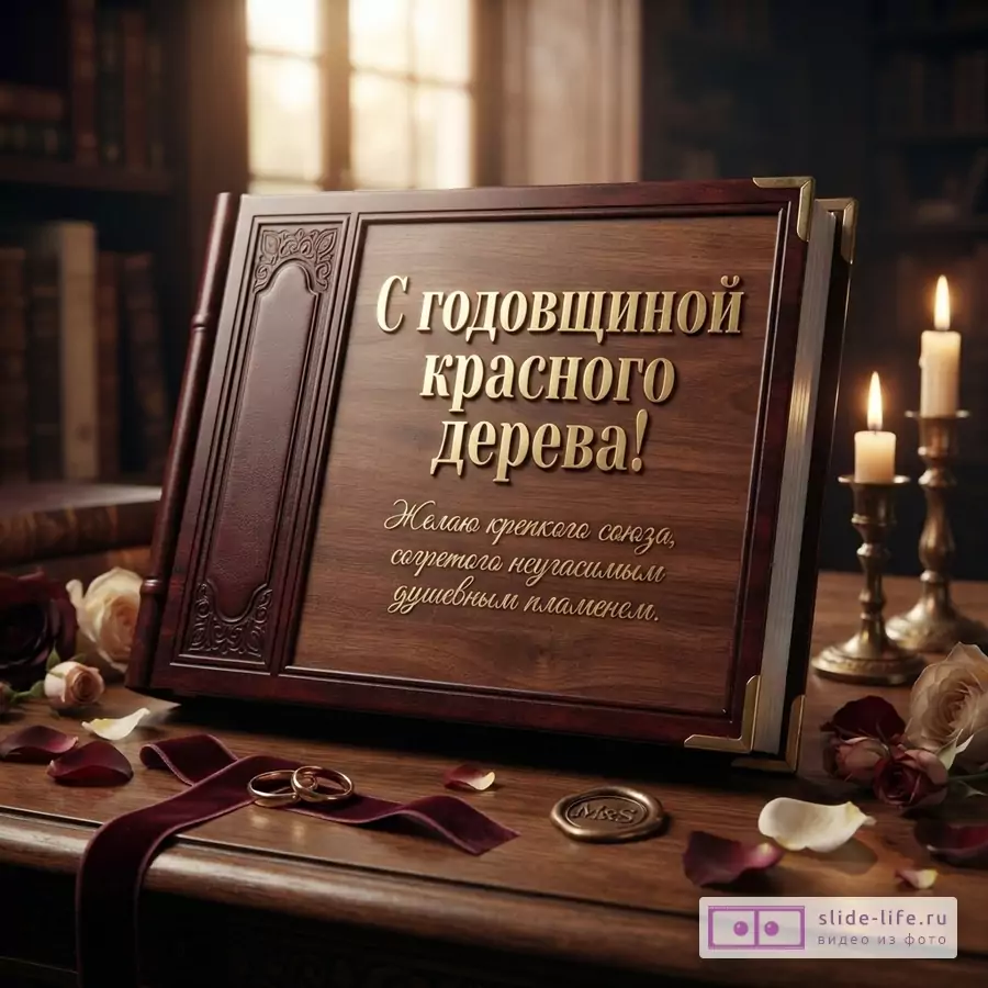 Коричневая книга с золотыми буквами на деревянном столе, на фоне книжный шкаф и свечи. Текст на книге: «С годовщиной красного дерева! Желаю крепкого союза, согретого неугасимым душевным пламенем.»