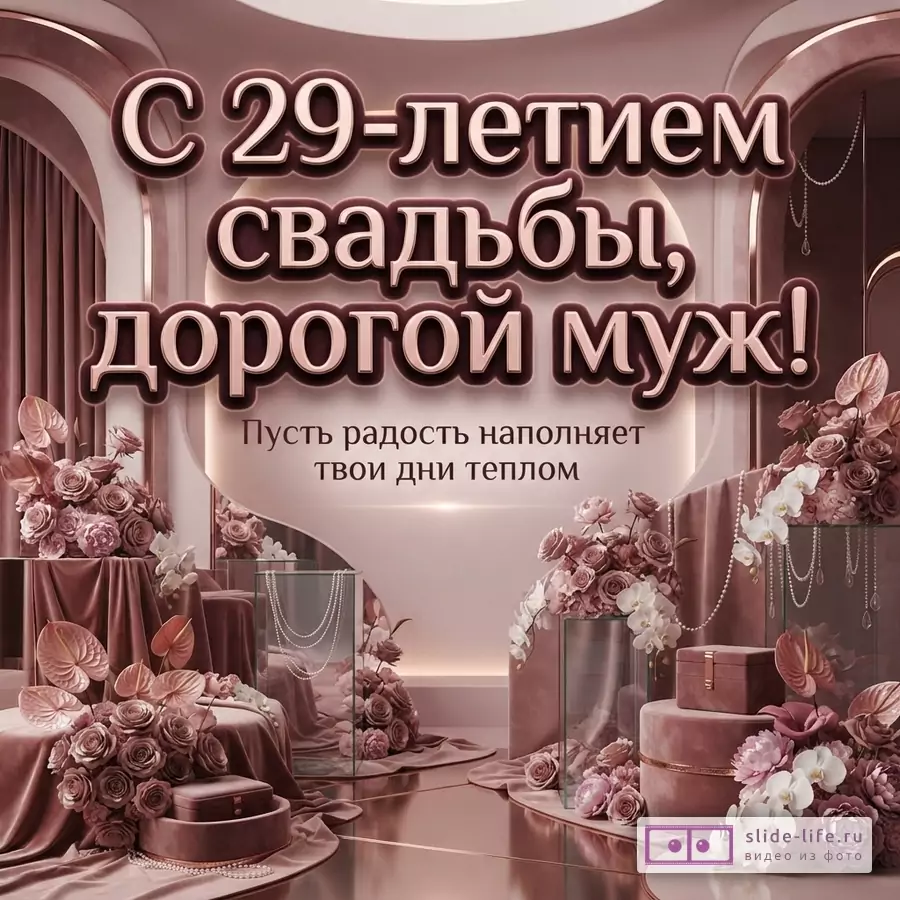 Фон розово-бежевый, текст сверху по центру «С 29-летием свадьбы, дорогой муж! Пусть радость наполняет твои дни теплом». Декор из розовых цветов, жемчужных бус, бархатных тканей и стеклянных витрин.