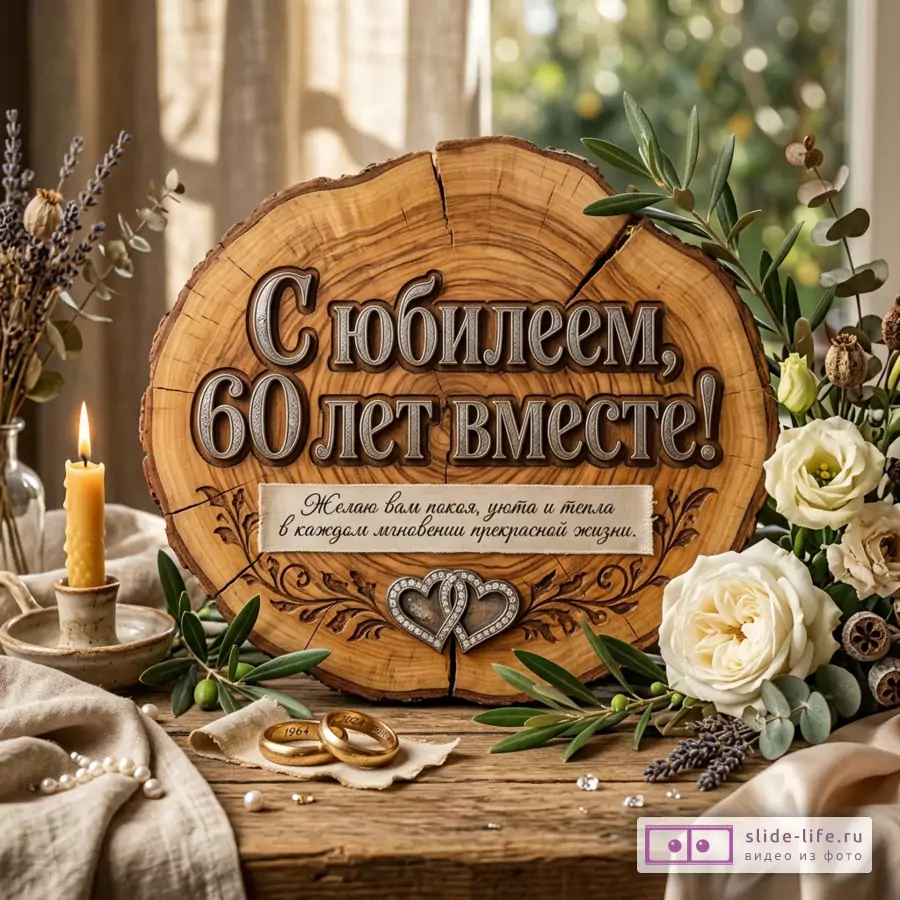 Деревянный спил с надписью «С юбилеем, 60 лет вместе! Желаю вам покоя, уюта и тепла в каждом мгновении прекрасной жизни.», свеча, белые розы, зелень, обручальные кольца, бежевый фон