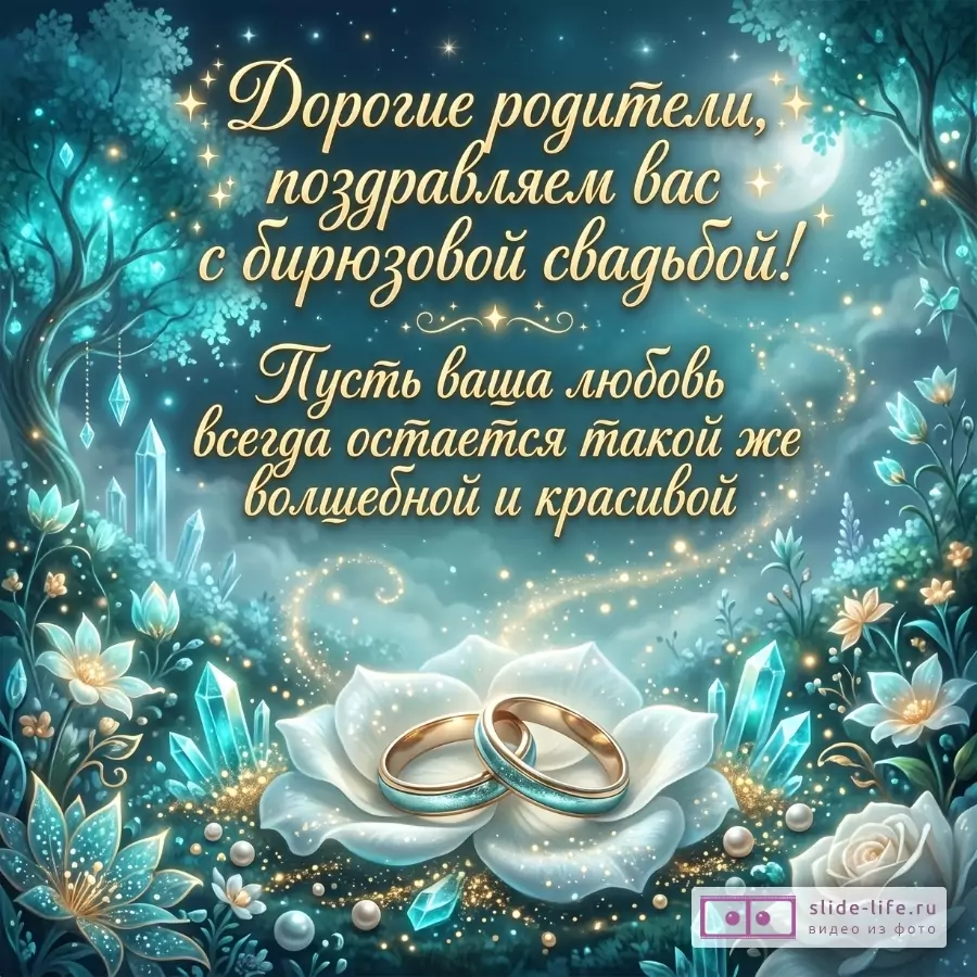 Бирюзово-синий фон, цветы, кристаллы, два кольца на белом цветке, текст «Дорогие родители, поздравляем вас с бирюзовой свадьбой! Пусть ваша любовь всегда остается такой же волшебной и красивой»