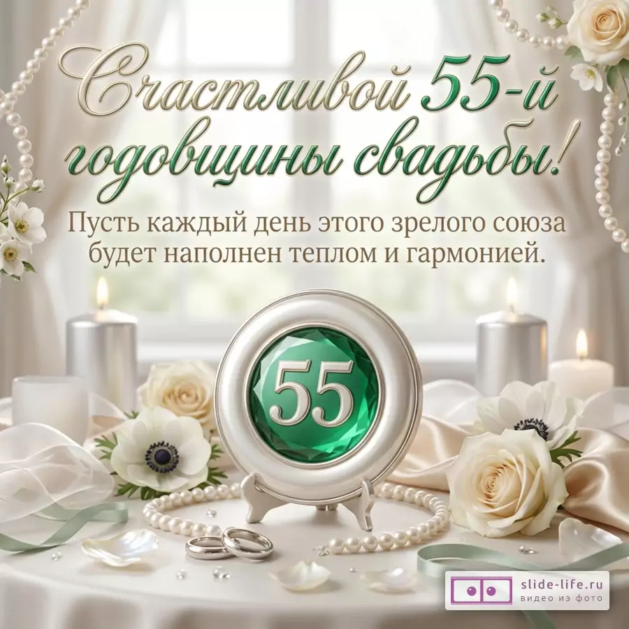 Открытка с текстом «Счастливой 55-й годовщины свадьбы! Пусть каждый день этого зрелого союза будет наполнен теплом и гармонией.» Бело-кремовый фон, зеленая цифра 55, свечи, белые розы, жемчуг, кольца