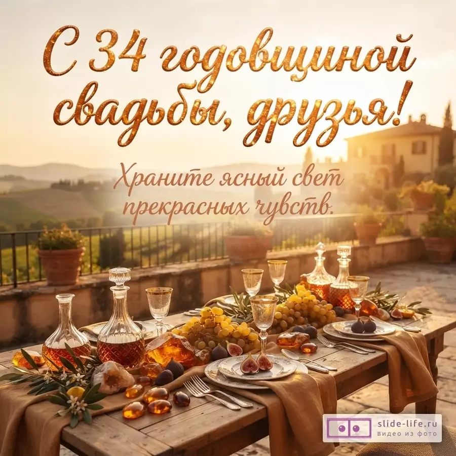 Открытка с янтарным фоном заката, на переднем плане стол с фруктами и янтарными камнями. Текст: «С 34 годовщиной свадьбы, друзья! Храните ясный свет прекрасных чувств.»