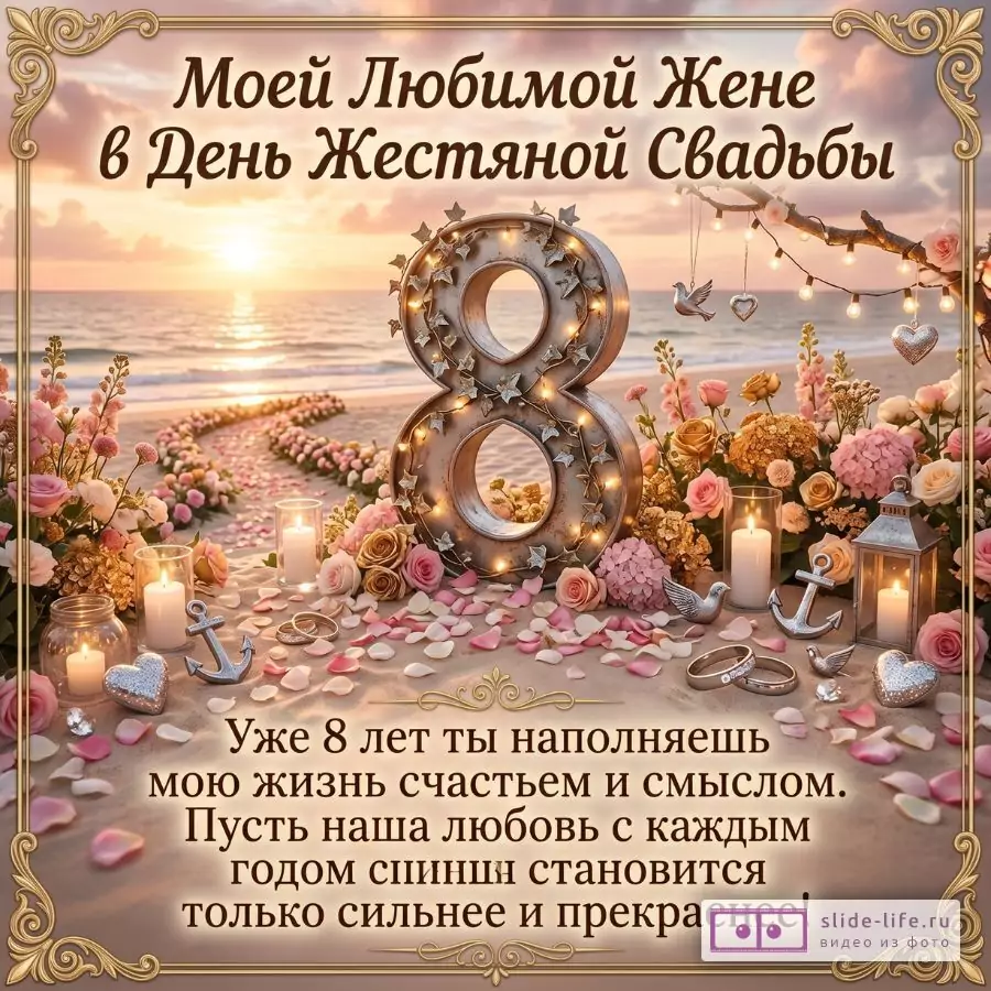 С 8-й годовщиной свадьбы, любимая жена — романтическая открытка на жестяную свадьбу