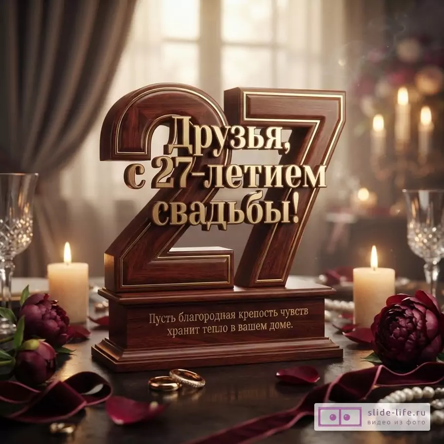 Деревянная цифра «27» с золотой окантовкой на подставке, на фоне размытого интерьера со свечами и цветами. Текст: «Друзья, с 27-летием свадьбы! Пусть благородная крепость чувств хранит тепло в вашем доме.»