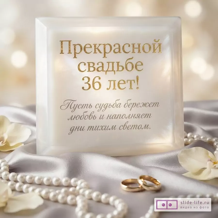 Белая светящаяся рамка на серой шелковой ткани, фон боке. Текст «Прекрасной свадьбе 36 лет! Пусть судьба бережет любовь и наполняет дни тихим светом.»