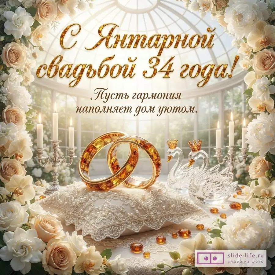 Открытка с бежевым фоном, цветами, свечами, обручальными кольцами из янтаря и двумя лебедями. Текст: «С Янтарной свадьбой 34 года! Пусть гармония наполняет дом уютом.»
