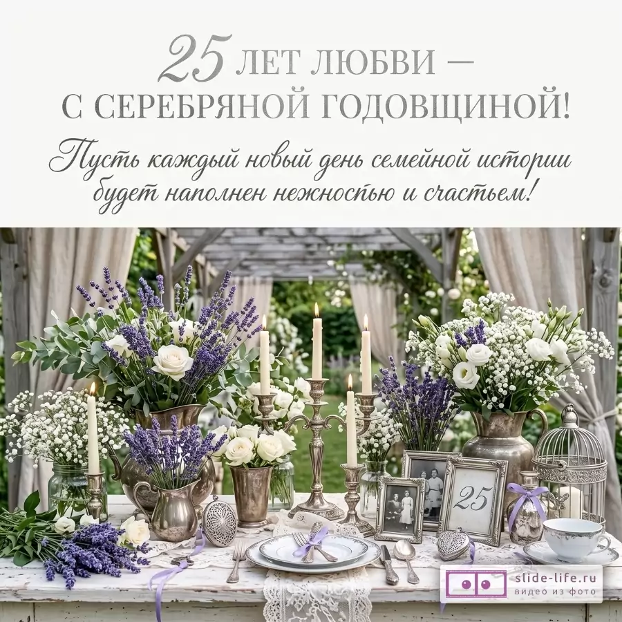 Белый фон, стол с лавандой, белыми розами, свечами и серебряными рамками; текст «25 лет любви — с серебряной годовщиной!»