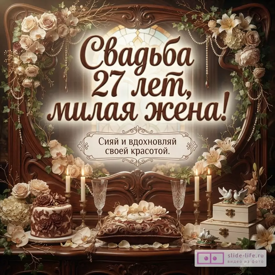 Открытка с деревянной рамой, цветами и свечами. Текст: «Свадьба 27 лет, милая жена! Сияй и вдохновляй своей красотой.»