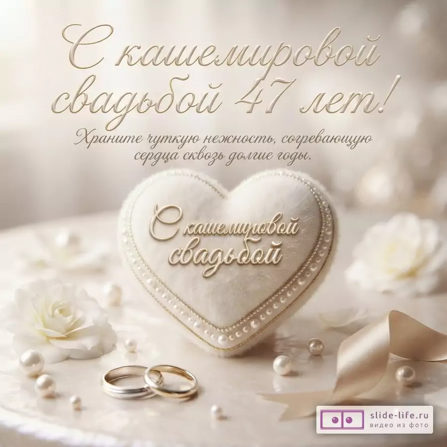 Бежевый фон, пушистое сердце с жемчугом, обручальные кольца, жемчужины, цветы, лента. Текст «С кашемировой свадьбой 47 лет!» и «Храните чуткую нежность, согревающую сердца сквозь долгие годы.»