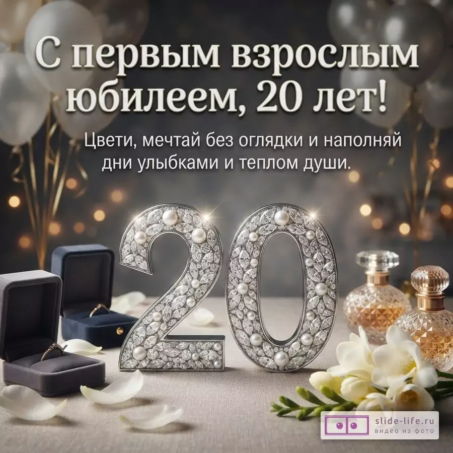 Объемная цифра 20 с жемчугом и кристаллами, белые цветы, духи, ювелирные коробочки на сером фоне с шарами и надпись «С первым взрослым юбилеем, 20 лет!»