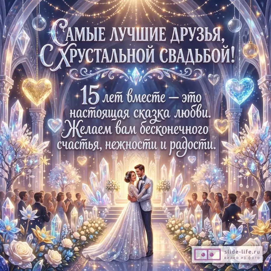Хрустальная свадьба 15 лет — красивая открытка друзьям с поздравлением и пожеланиями счастья
