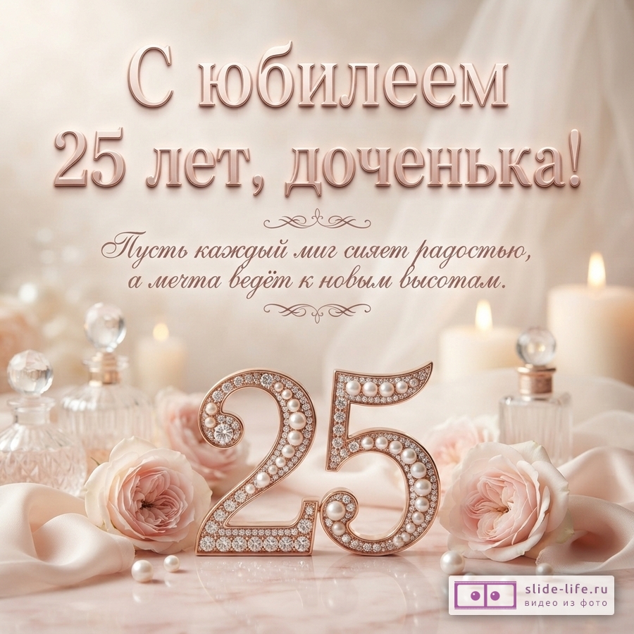 Инкрустированная жемчугом цифра 25, розовые розы, свечи и флаконы на светлом фоне с текстом «С юбилеем 25 лет, доченька! Пусть каждый миг сияет радостью, а мечта ведёт к новым высотам.»