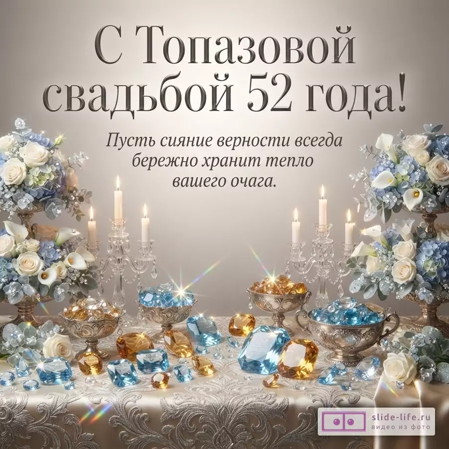 Открытка с градиентным фоном, на переднем плане стол с цветочными композициями, подсвечниками и россыпью синих и желтых камней. Текст: «С Топазовой свадьбой 52 года! Пусть сияние верности всегда бережно хранит тепло вашего очага.»
