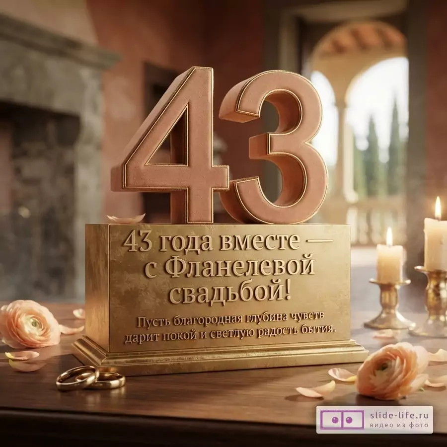 Золотые цифры «43» на золотой подставке, на подставке текст «43 года вместе — с Фланелевой свадьбой! Пусть благородная глубина чувств дарит покой и светлую радость бытия.».