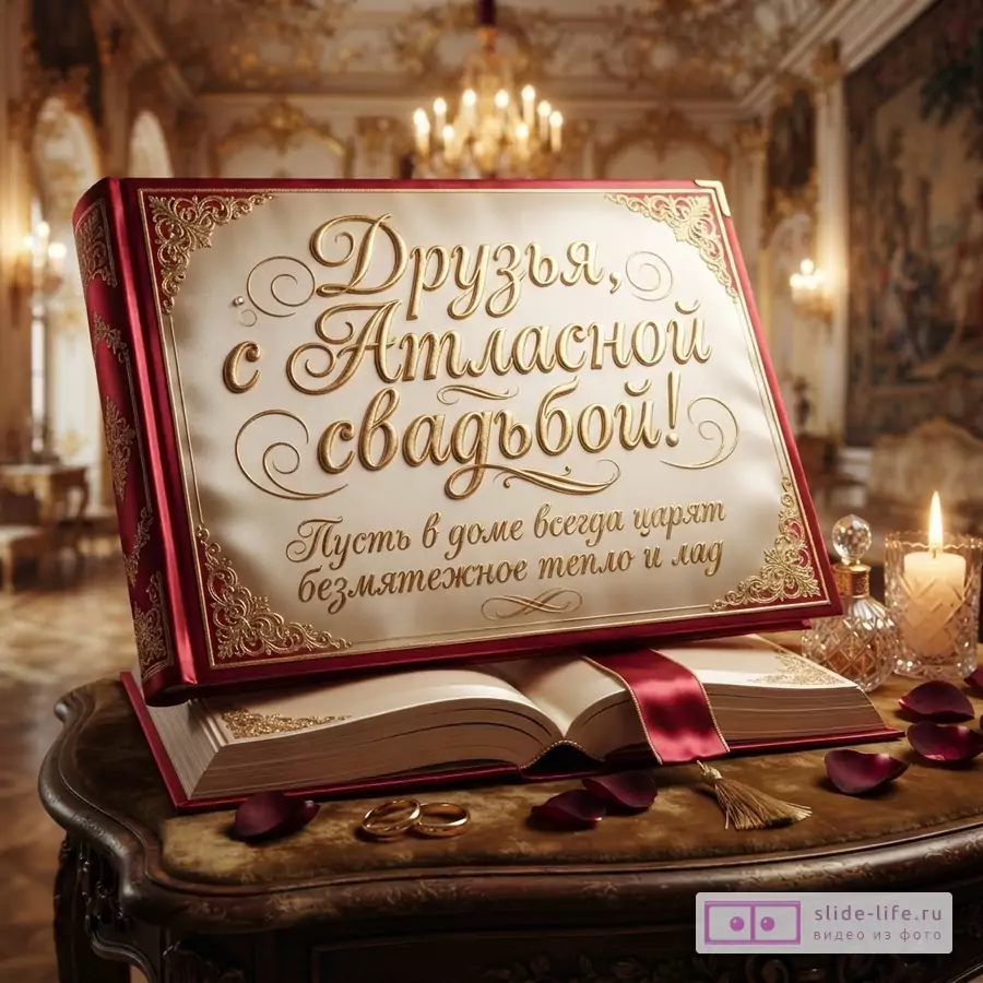 Книга в бордово-золотом переплете на столике со свечой и кольцами, с надписью «Друзья, с Атласной свадьбой! Пусть в доме всегда царят безмятежное тепло и лад».