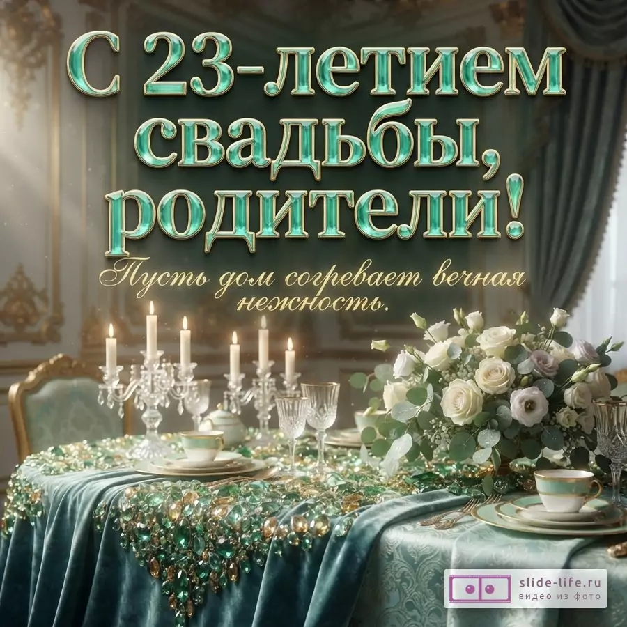 Бирюзово-золотая свадебная открытка с праздничным столом, свечами и букетом белых роз. Текст: «С 23-летием свадьбы, родители! Пусть дом согревает вечная нежность.»