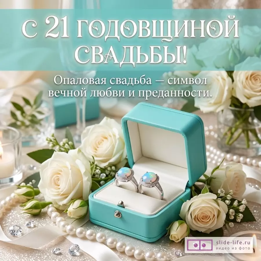 Бирюзово-белый фон, белые розы, жемчуг, свечи, открытая бирюзовая коробочка с двумя кольцами с опалами. Текст: «С 21 ГОДОВЩИНОЙ СВАДЬБЫ! Опаловая свадьба — символ вечной любви и преданности.»