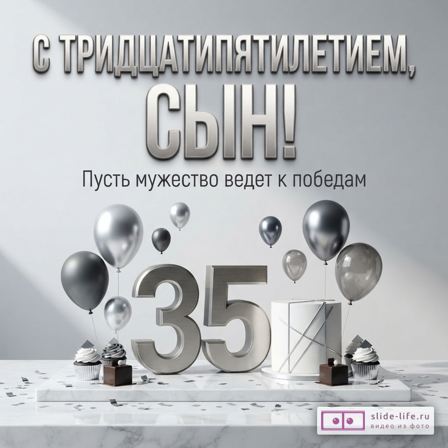 Объемная металлическая цифра 35, торт, пирожные и серебристые шары на мраморной подставке. Текст: «С ТРИДЦАТИПЯТИЛЕТИЕМ, СЫН! Пусть мужество ведет к победам».