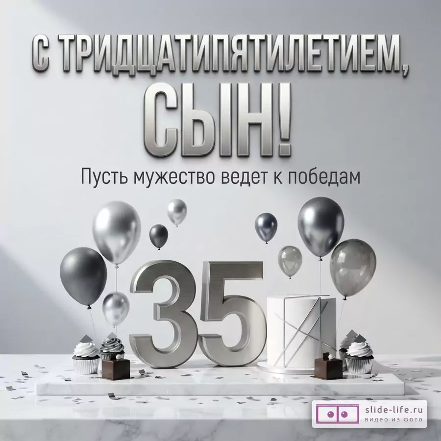 Объемная металлическая цифра 35, торт, пирожные и серебристые шары на мраморной подставке. Текст: «С ТРИДЦАТИПЯТИЛЕТИЕМ, СЫН! Пусть мужество ведет к победам».