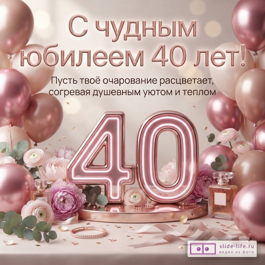 Открытка с бежевым фоном, розовыми и бежевыми воздушными шарами, цветами и цифрами «40» с неоновой подсветкой. Текст: «С чудным юбилеем 40 лет! Пусть твоё очарование расцветает, согревая душевным уютом и теплом»