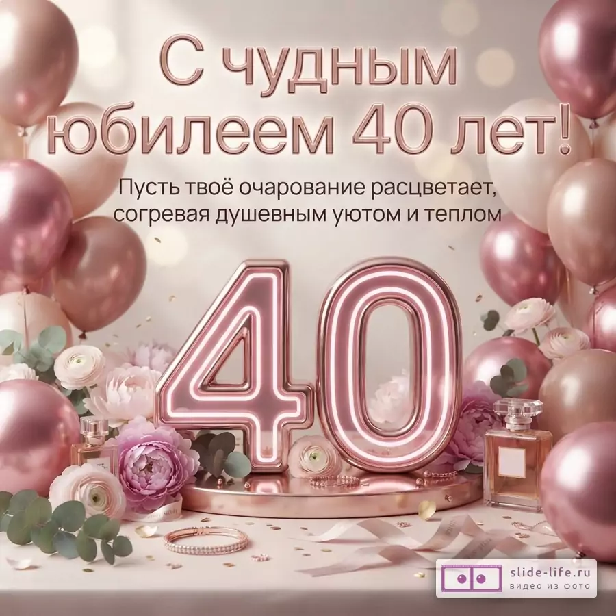 Открытка с бежевым фоном, розовыми и бежевыми воздушными шарами, цветами и цифрами «40» с неоновой подсветкой. Текст: «С чудным юбилеем 40 лет! Пусть твоё очарование расцветает, согревая душевным уютом и теплом»