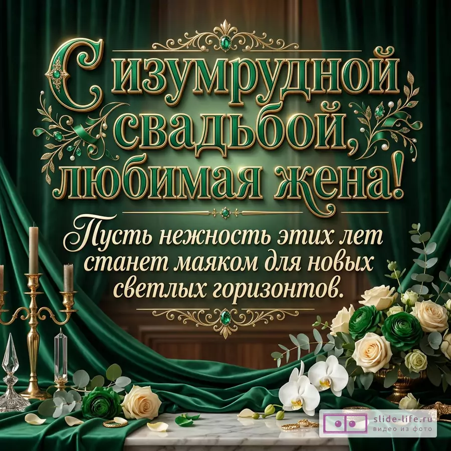 Открытка с текстом «С Изумрудной годовщиной свадьбы, любимая жена! Пусть нежность этих лет станет маяком для новых, светлых горизонтов.» зеленые шторы, серый фон, золотой декор, свечи, белые и изумрудные цветы