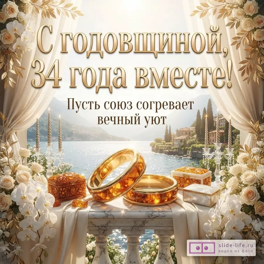 Открытка с бежевыми шторами, белыми цветами и золотыми листьями. На мраморном столе два золотых кольца с янтарем, янтарная шкатулка и белая шкатулка. На фоне озеро и горы. Текст: «С годовщиной, 34 года вместе! Пусть союз согревает вечный уют»