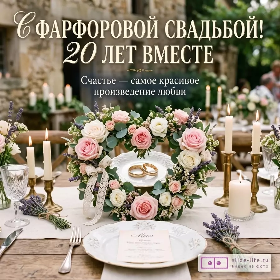 Бежево-зеленый фон, сервировка стола со свечами и фарфоровой посудой, цветочный венок из роз с кольцами. Текст: «С ФАРФОРОВОЙ СВАДЬБОЙ! 20 ЛЕТ ВМЕСТЕ Счастье — самое красивое произведение любви»