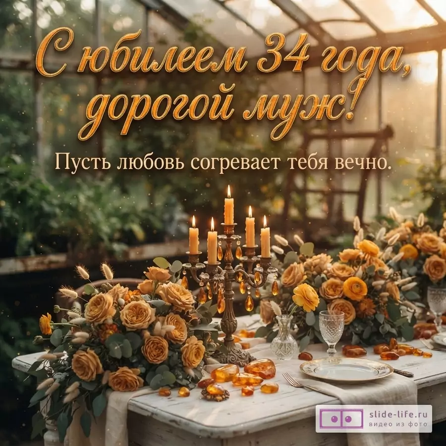 Стол с цветами и свечами, янтарный декор, фон оранжереи. Текст: «С юбилеем 34 года, дорогой муж! Пусть любовь согревает тебя вечно.»