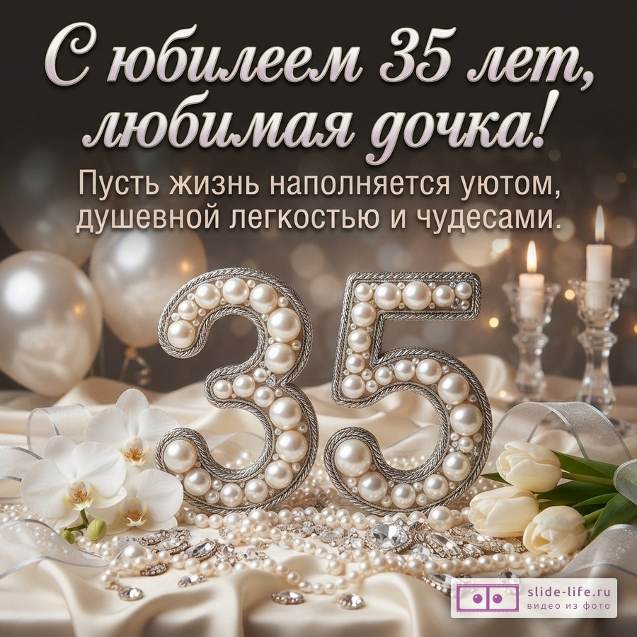 Объемная цифра 35 из жемчуга в окружении белых орхидей, тюльпанов и свечей с текстом «С юбилеем 35 лет, любимая дочка! Пусть жизнь наполняется уютом, душевной легкостью и чудесами.»