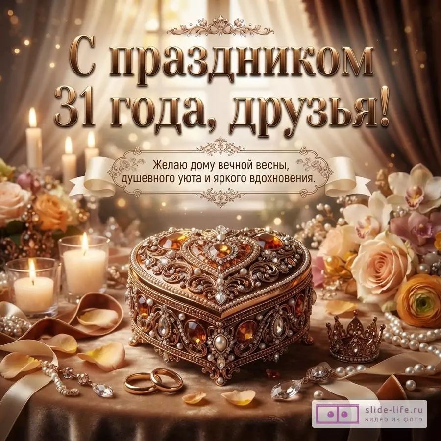 Золотисто-коричневая открытка с декоративной шкатулкой, свечами, цветами и лентами. Текст: «С праздником 31 года, друзья! Желаю дому вечной весны, душевного уюта и яркого вдохновения.»