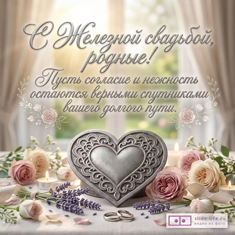 Открытка с серебристым сердцем, розовыми и кремовыми розами, лавандой, кольцами и свечами на светлом фоне с шторами, текст: «С Железной свадьбой, родные! Пусть согласие и нежность остаются верными спутниками вашего долгого пути.»