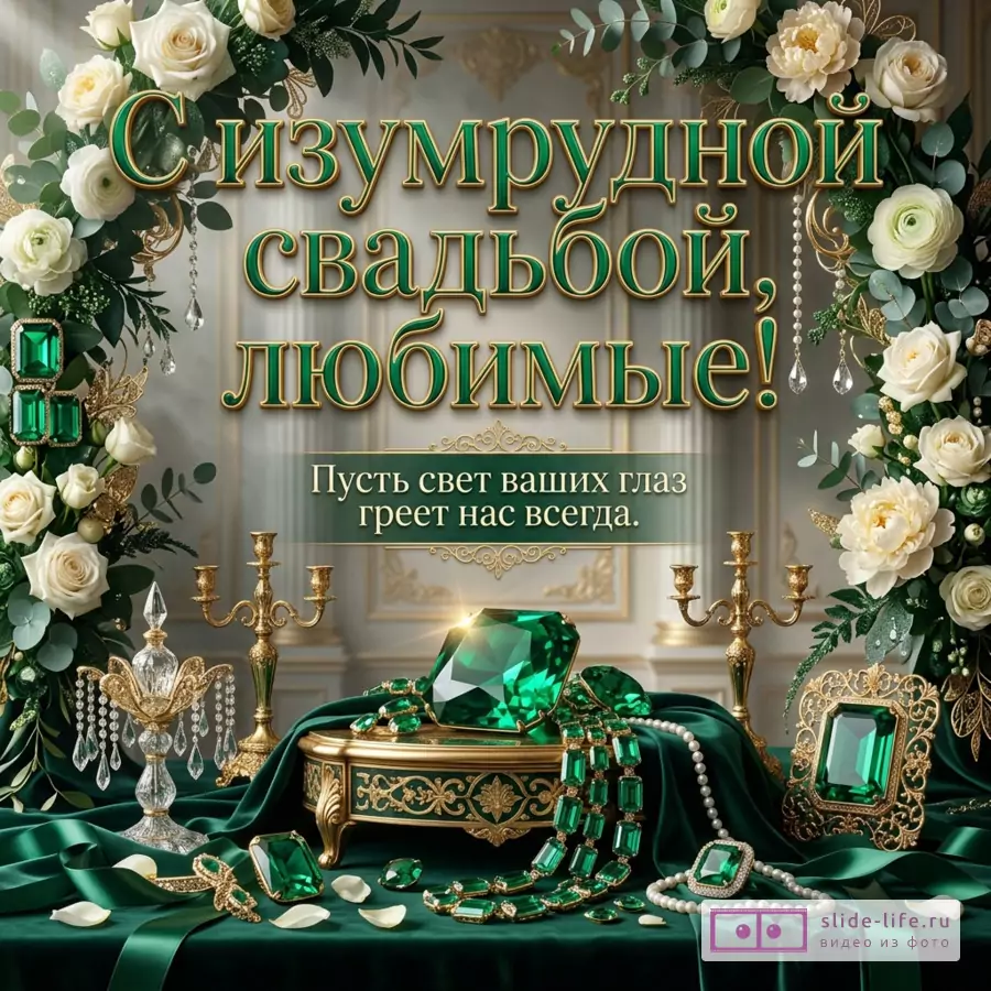 Открытка с белыми розами, зелёной листвой, изумрудными камнями, золотыми подсвечниками, жемчугом, зелёной тканью, серо-бежевым фоном, текстом «С изумрудной свадьбой, любимые! Пусть свет ваших глаз греет нас всегда.»