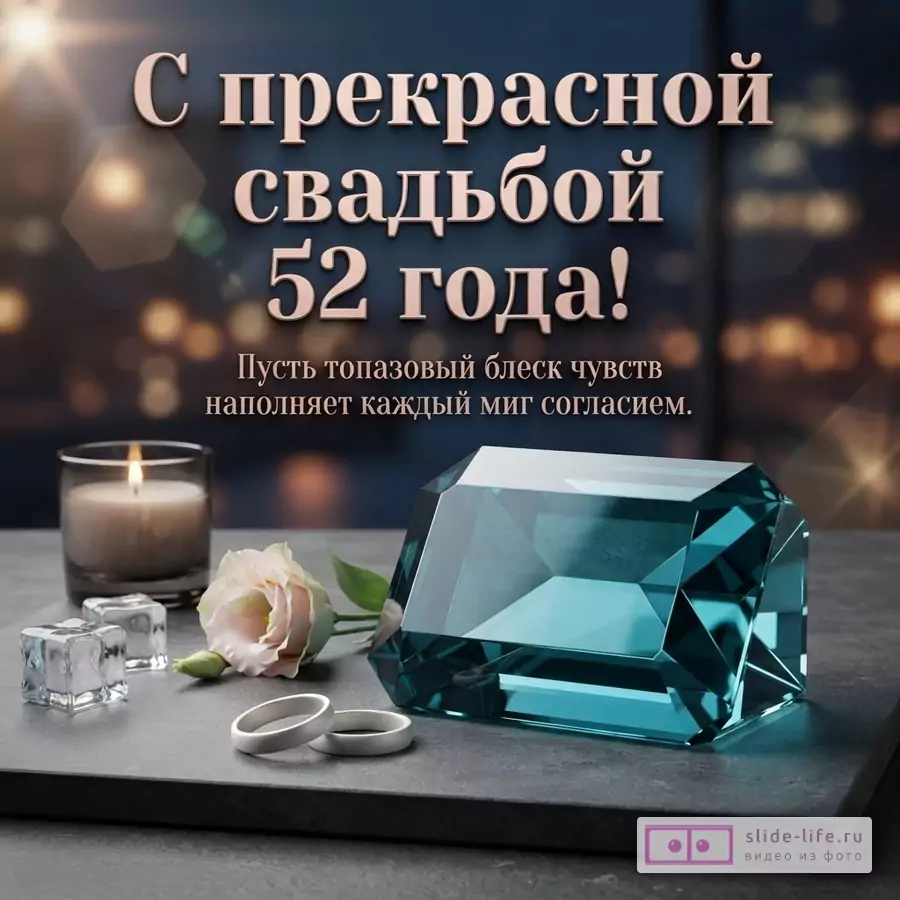 Темно-синий фон с размытыми огнями города, свеча, розовая роза, два обручальных кольца, кубики льда, большой синий топаз. Надпись «С прекрасной свадьбой 52 года! Пусть топазовый блеск чувств наполняет каждый миг согласием.»