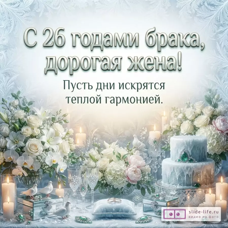 Фон в холодных голубовато-белых тонах, белые цветы, свечи, свадебный торт, бокалы и кольца; текст «С 26 годами брака, дорогая жена! Пусть дни искрятся теплой гармонией.»