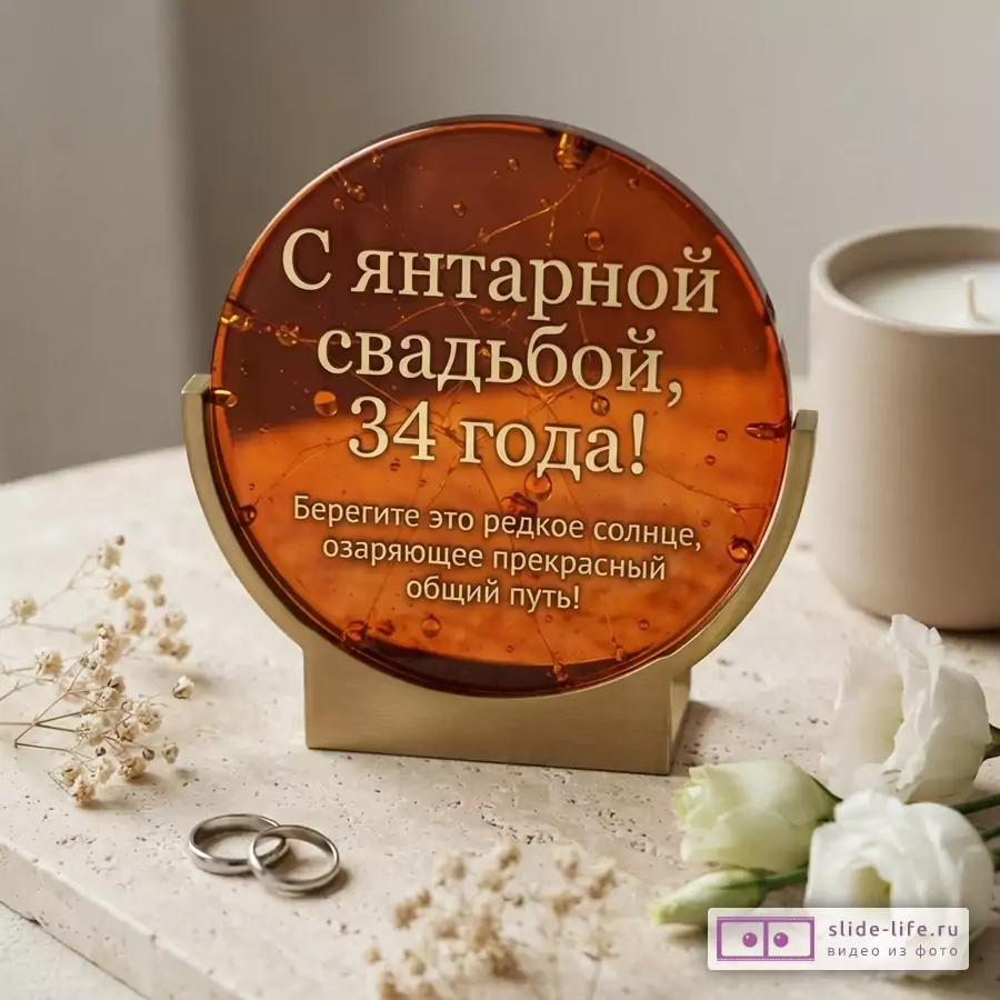Круглая янтарная табличка на золотой подставке, на фоне бежевая свеча и белые цветы. Текст: «С янтарной свадьбой, 34 года! Берегите это редкое солнце, озаряющее прекрасный общий путь!»