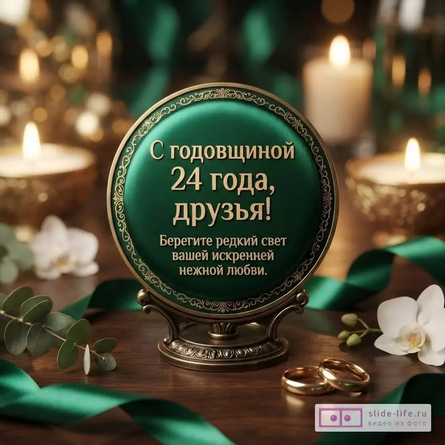 Зелёная атласная открытка с золотым орнаментом, свечами, кольцами и цветами. Текст: «С годовщиной 24 года, друзья! Берегите редкий свет вашей искренней нежной любви.»