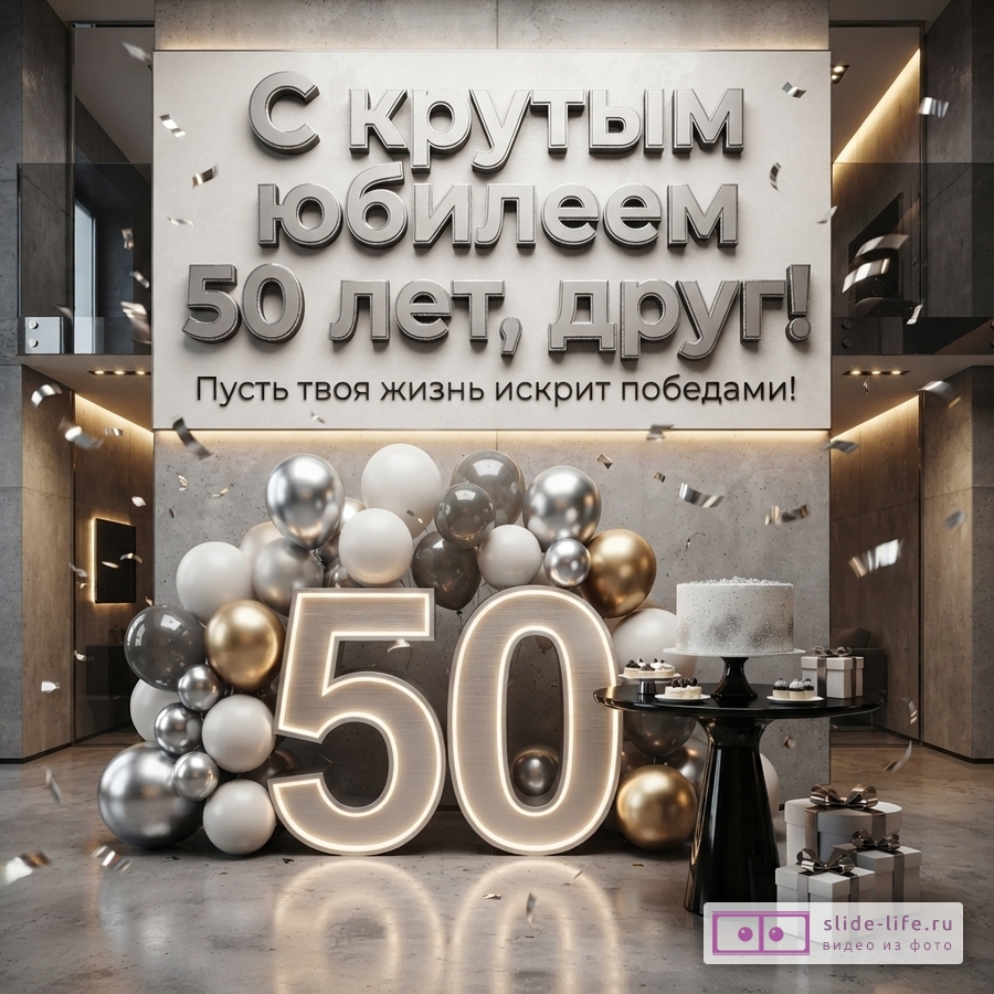 Открытка с серым фоном, объемными серебристыми буквами и цифрами. Внизу композиция из шаров белого, серебристого, золотого и серого цветов, светящиеся цифры 50, торт на черном столике, подарки. Текст: «С крутым юбилеем 50 лет, друг! Пусть твоя жизнь искрит победами!»