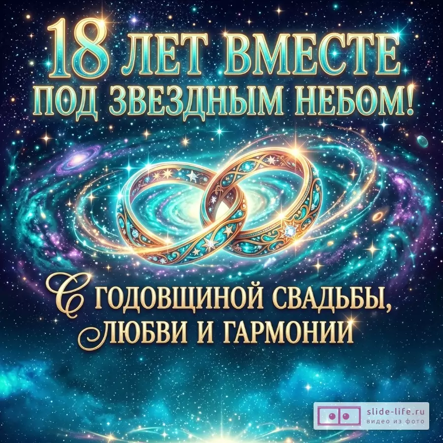Бирюзово-синий космический фон со звездами и галактиками, два золотых обручальных кольца. Текст: «18 ЛЕТ ВМЕСТЕ ПОД ЗВЕЗДНЫМ НЕБОМ! С ГОДОВЩИНОЙ СВАДЬБЫ, ЛЮБВИ И ГАРМОНИИ»