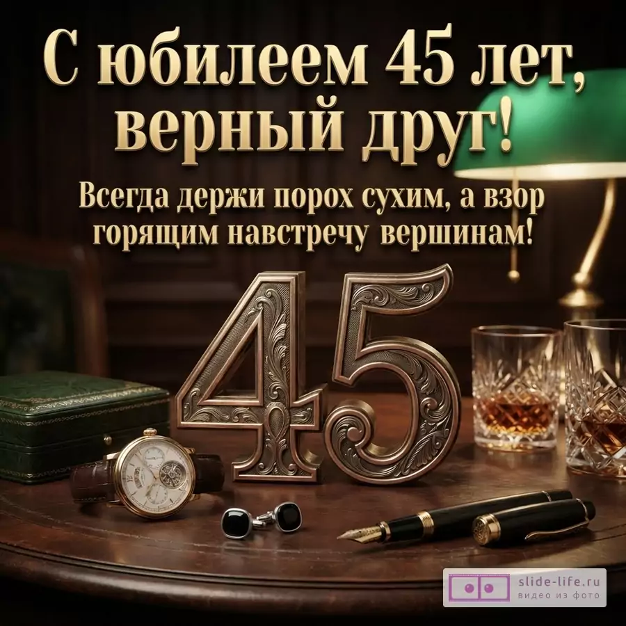 Темный фон, золотые буквы. На столе часы, запонки, ручка, стаканы с виски. Надпись: «С юбилеем 45 лет, верный друг! Всегда держи порох сухим, а взор горящим навстречу вершинам!»