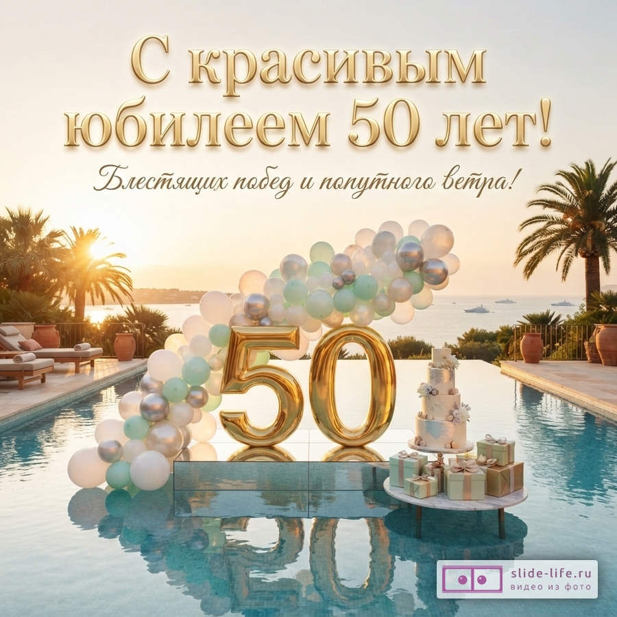Открытка с золотыми буквами «С красивым юбилеем 50 лет! Блестящих побед и попутного ветра!» на фоне бассейна с пальмами на закате, золотые шары в виде цифры 50, торт, подарки.