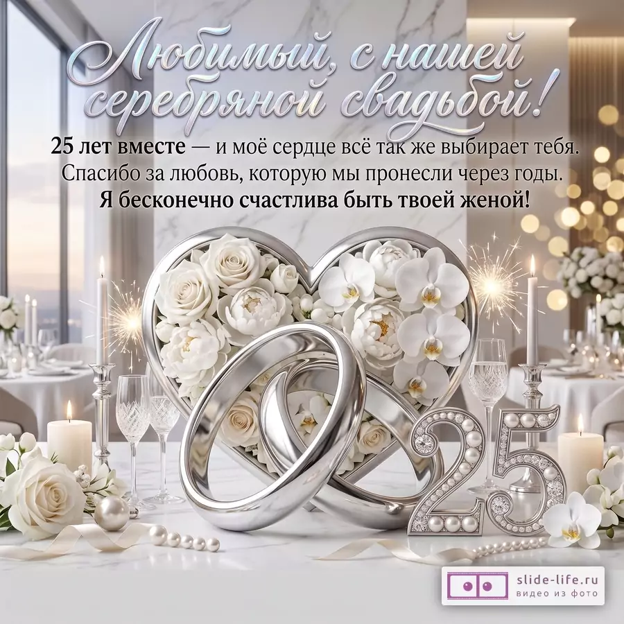 Светлый мраморный фон, серебряные кольца, сердце из белых цветов, свечи, бокалы и цифра 25; текст «Любимый, с нашей серебряной свадьбой! 25 лет вместе».