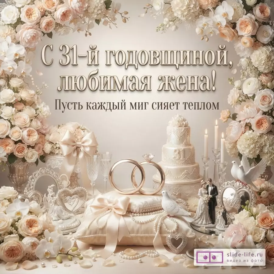 Бежево-золотая свадебная композиция с цветами, кольцами, тортом, свечами, жемчугом и текстом «С 31-й годовщиной, любимая жена! Пусть каждый миг сияет теплом.»