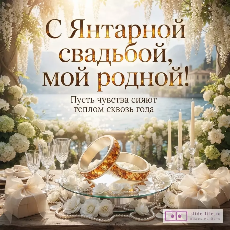 Открытка с видом на озеро, украшенная белыми цветами и зеленью. На переднем плане стол с бокалами, подарками, свечами и двумя золотыми кольцами с янтарем. Текст: «С Янтарной свадьбой, мой родной! Пусть чувства сияют теплом сквозь года»