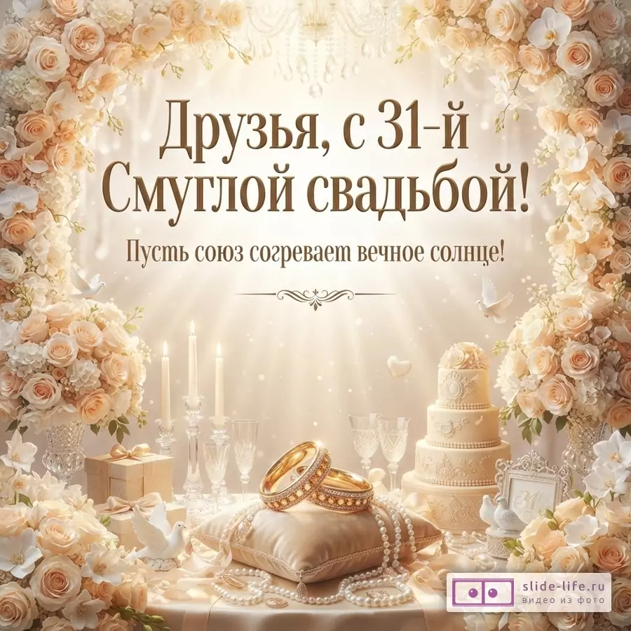 Бежевый фон, цветочная арка из роз и гортензий, люстра, свечи, свадебный торт, обручальные кольца на подушке. Текст: «Друзья, с 31-й Смуглой свадьбой! Пусть союз согревает вечное солнце!»